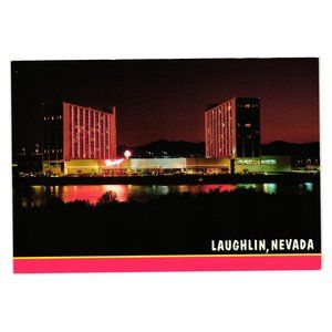 Vintage Postcard Hilton Flamingo Nevada Laughlin Night Lights Lake Casino Vacati